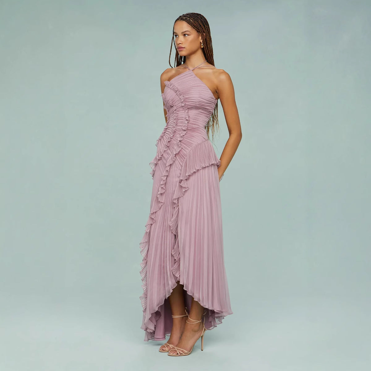 Amalthea – Rochia maxi plisată cu guler halter elegant