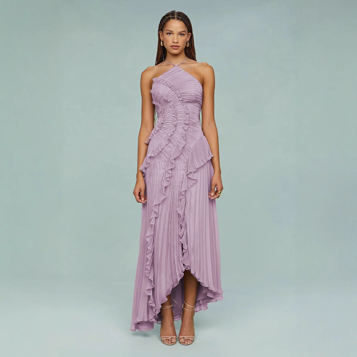 Amalthea – Rochia maxi plisată cu guler halter elegant