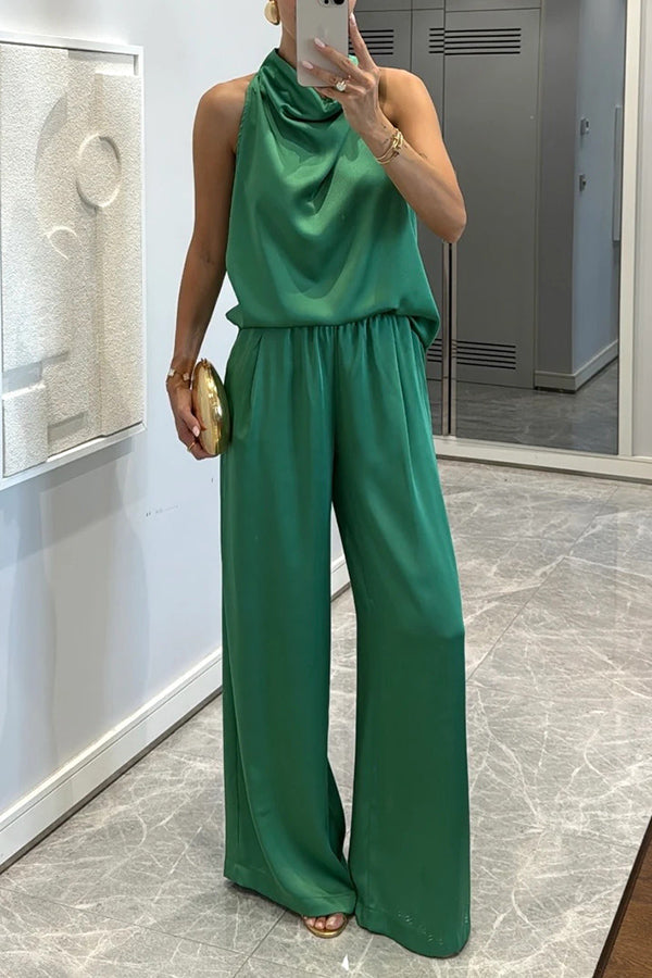 Loana - Set de bluză din satin cu guler înalt și pantaloni lejeri cu buzunare elastice Classic on You