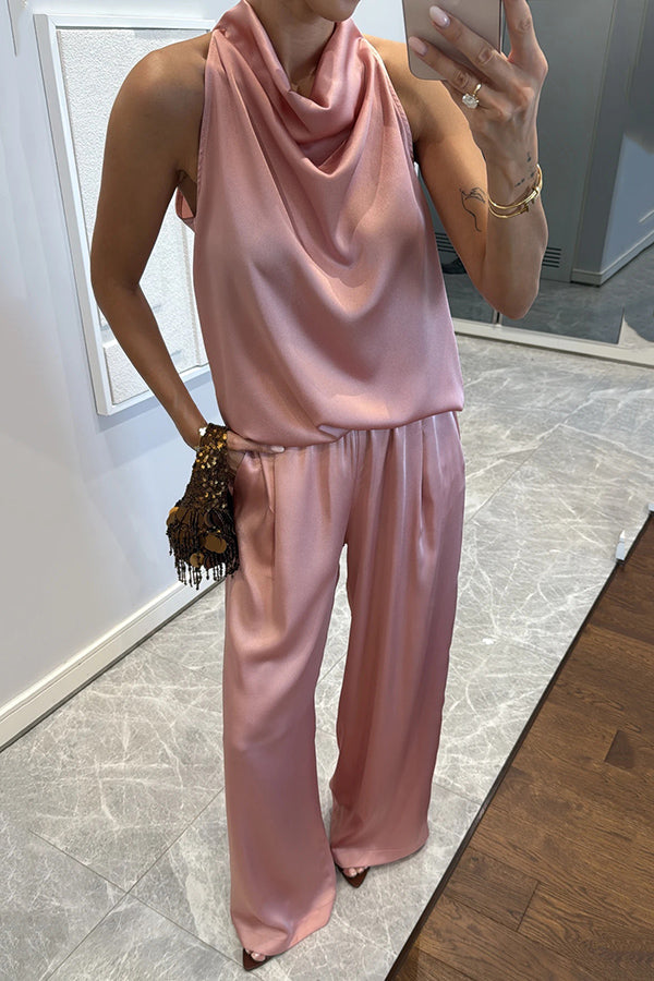 Loana - Set de bluză din satin cu guler înalt și pantaloni lejeri cu buzunare elastice Classic on You