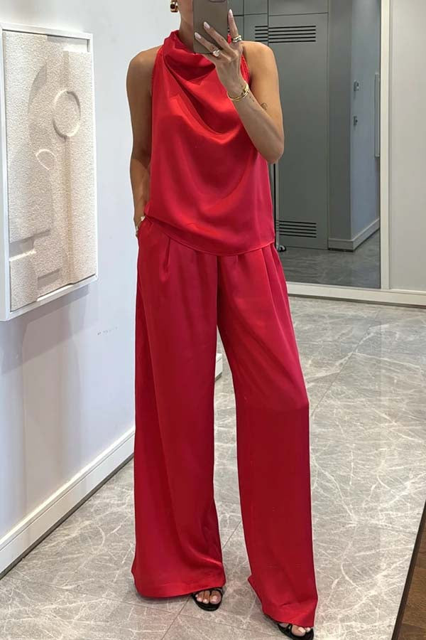 Loana - Set de bluză din satin cu guler înalt și pantaloni lejeri cu buzunare elastice Classic on You