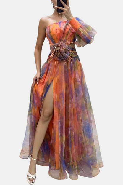 Amelie - Rochie maxi asimetrică pe un umăr cu imprimeu artistic