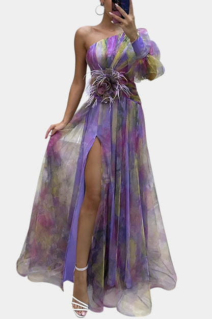 Amelie - Rochie maxi asimetrică pe un umăr cu imprimeu artistic