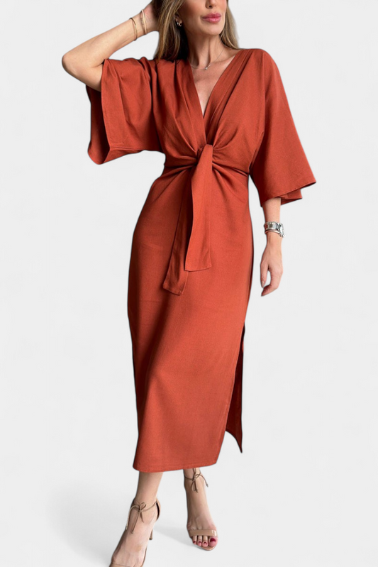 Irina – Rochie casual cu nod frontal și decolteu în V