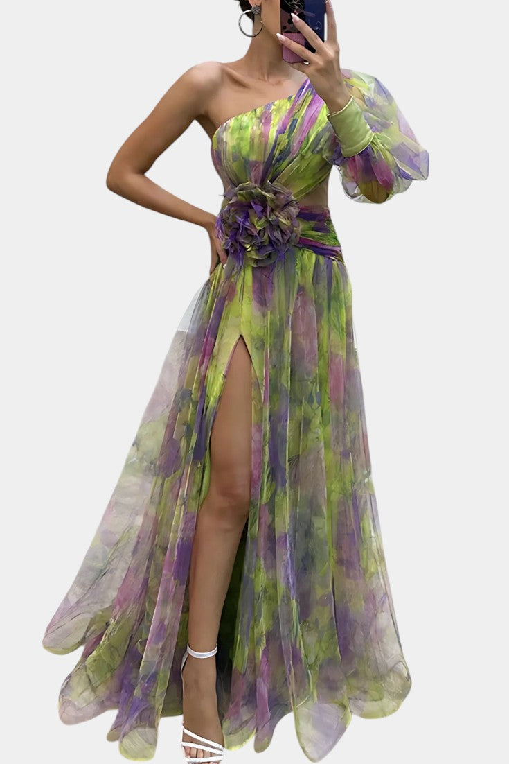 Amelie - Rochie maxi asimetrică pe un umăr cu imprimeu artistic