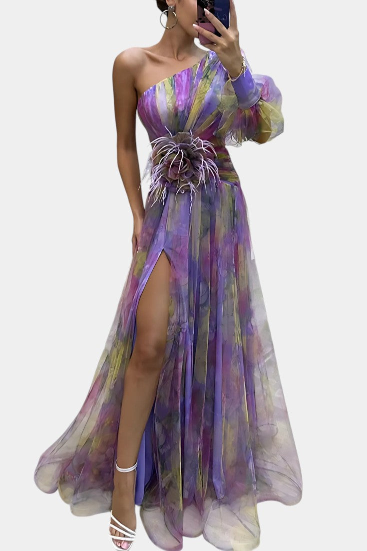 Amelie - Rochie maxi asimetrică pe un umăr cu imprimeu artistic