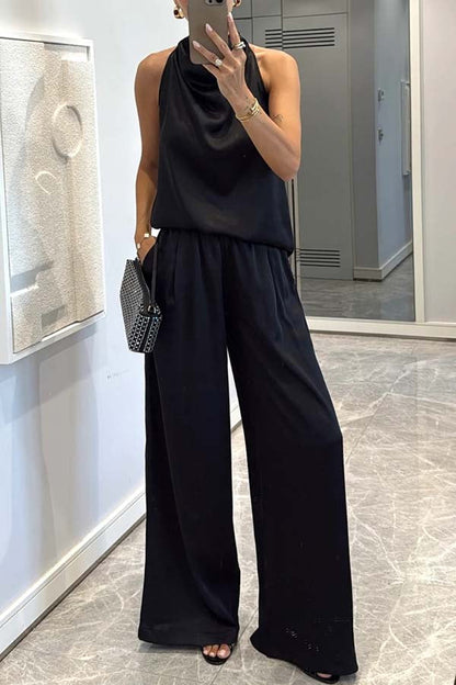 Loana - Set de bluză din satin cu guler înalt și pantaloni lejeri cu buzunare elastice Classic on You