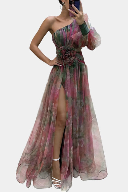 Amelie - Rochie maxi asimetrică pe un umăr cu imprimeu artistic