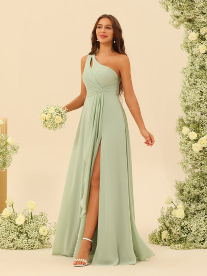 Irina – Rochie lungă de ocazie cu un umăr gol, culoare salvie