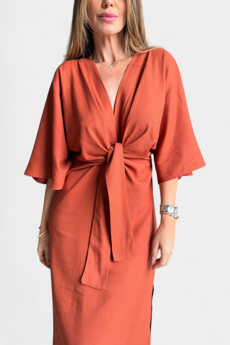 Irina – Rochie casual cu nod frontal și decolteu în V