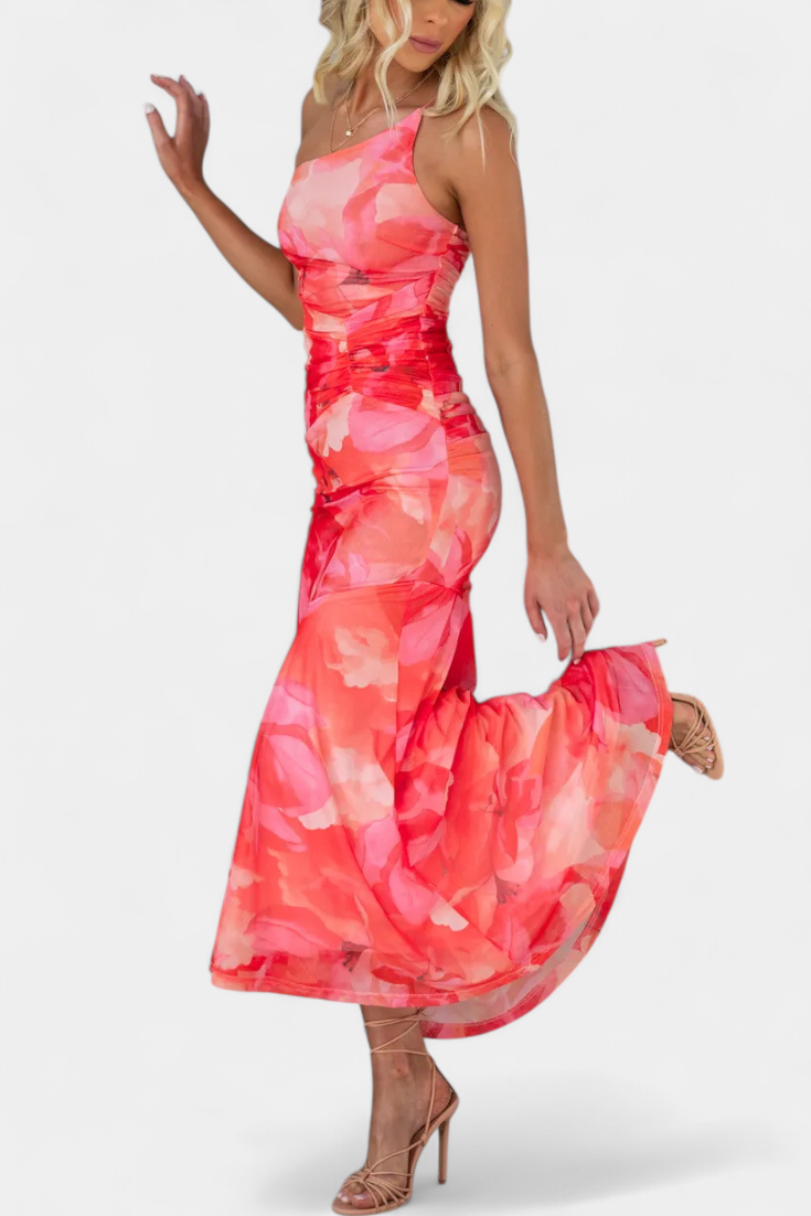 Abigail - Rochie maxi cu un singur mânec, cu imprimeu floral