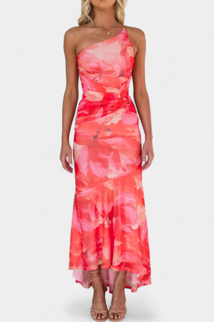 Abigail - Rochie maxi cu un singur mânec, cu imprimeu floral
