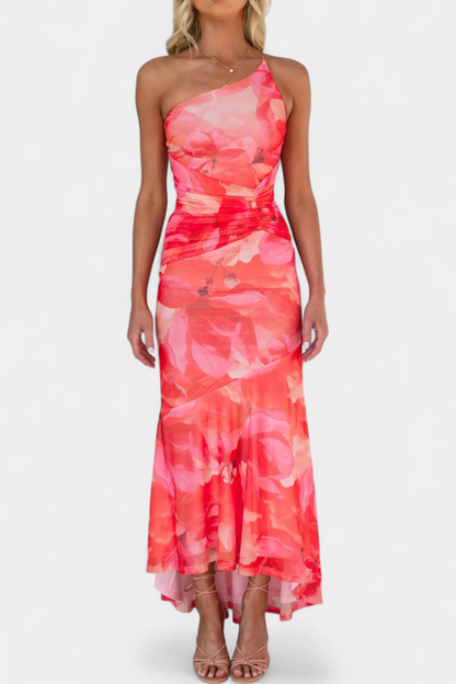 Abigail - Rochie maxi cu un singur mânec, cu imprimeu floral