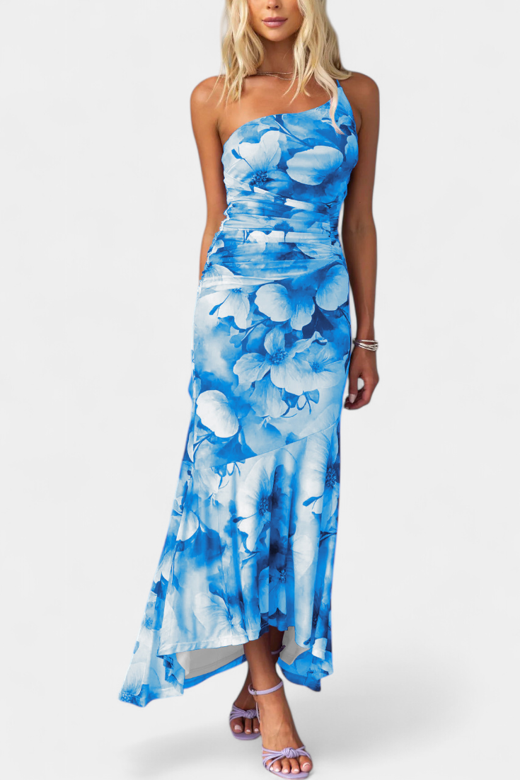 Abigail - Rochie maxi cu un singur mânec, cu imprimeu floral