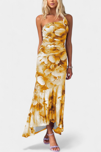 Abigail - Rochie maxi cu un singur mânec, cu imprimeu floral