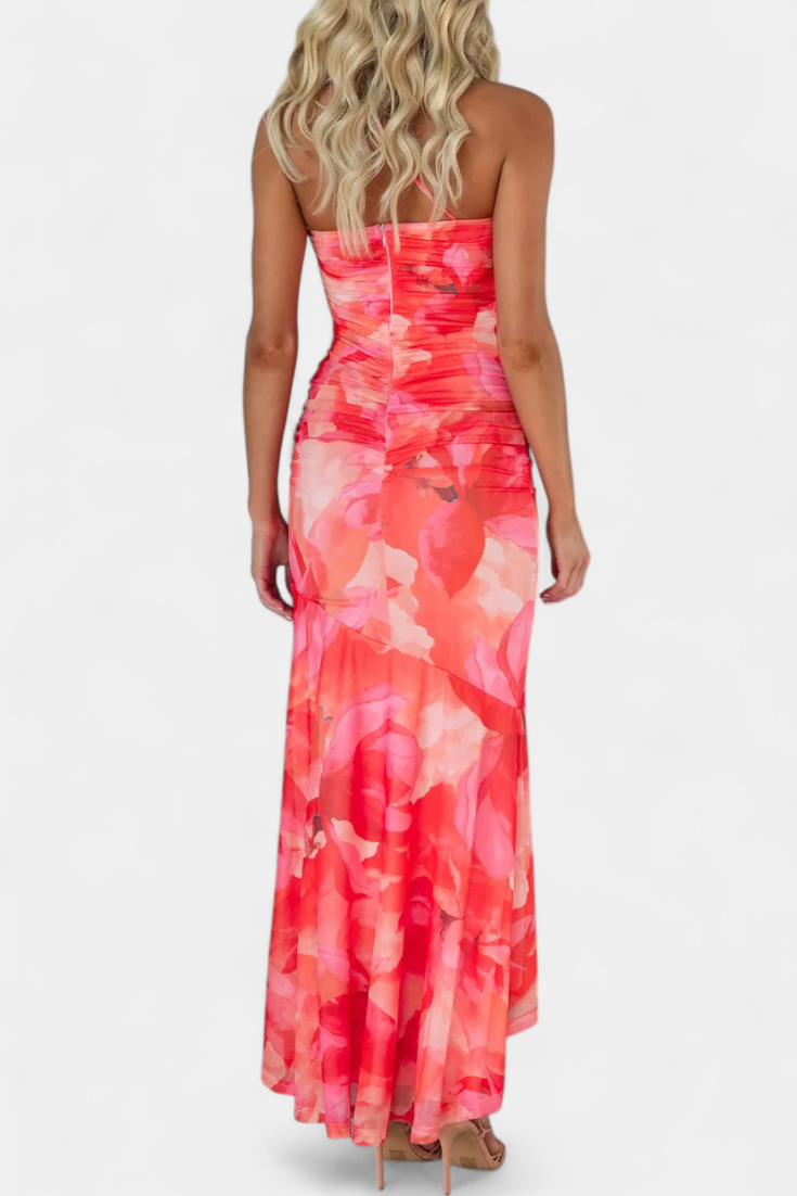 Abigail - Rochie maxi cu un singur mânec, cu imprimeu floral