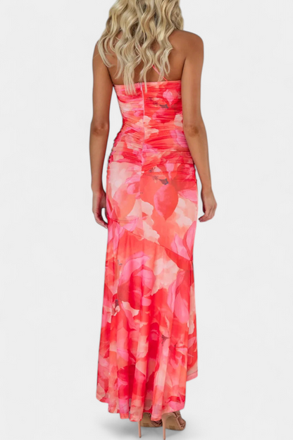 Abigail - Rochie maxi cu un singur mânec, cu imprimeu floral
