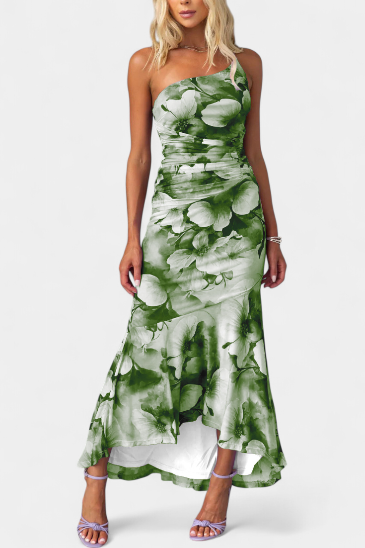 Abigail - Rochie maxi cu un singur mânec, cu imprimeu floral