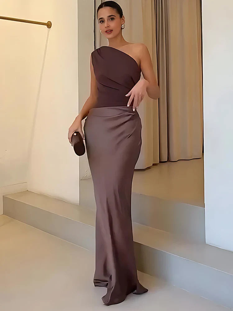 Ileana – Rochie maxi din satin cu un umăr