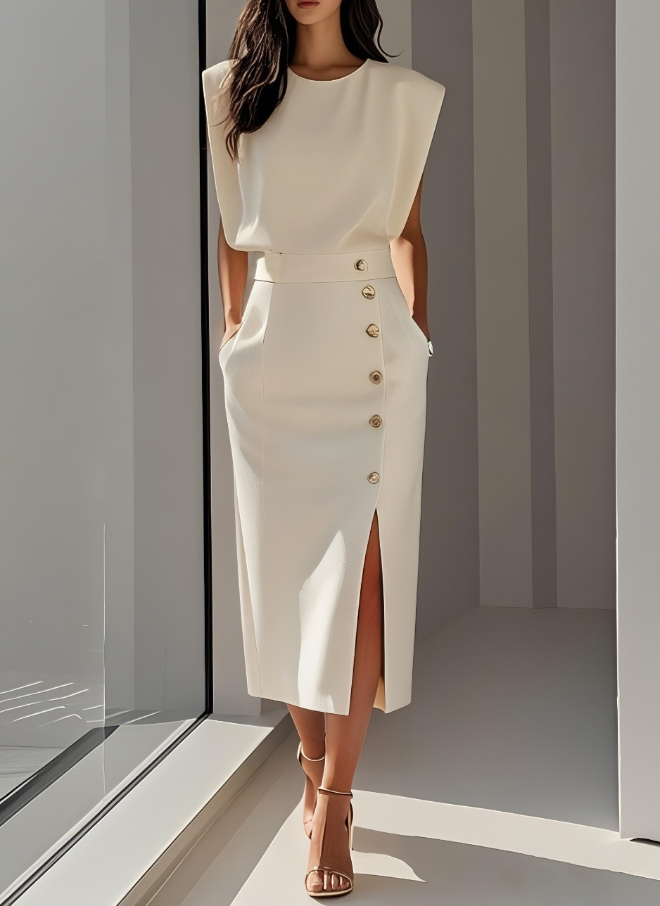 Elena - Rochie elegantă ivoire cu nasturi aurii