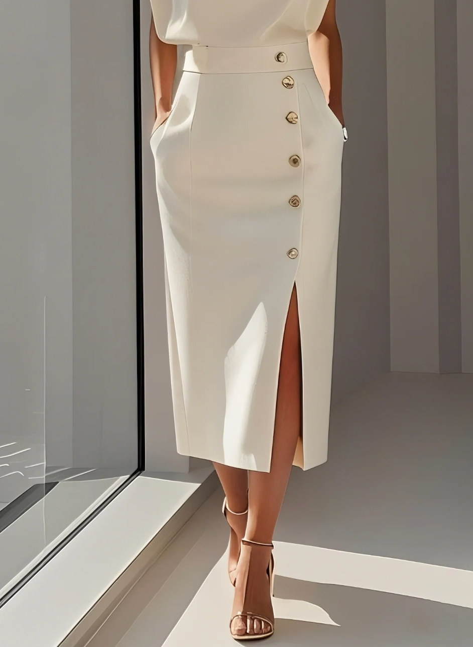 Elena - Rochie elegantă ivoire cu nasturi aurii