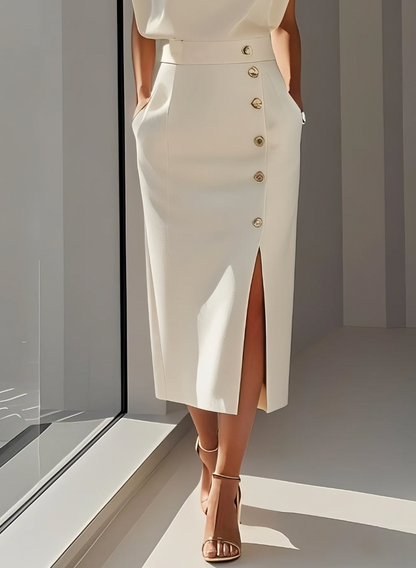 Elena - Rochie elegantă ivoire cu nasturi aurii