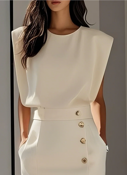 Elena - Rochie elegantă ivoire cu nasturi aurii