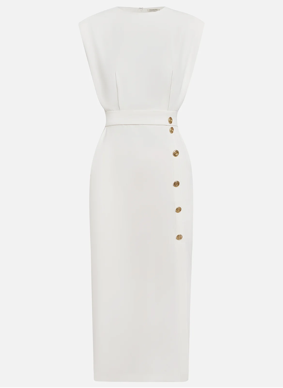 Elena - Rochie elegantă ivoire cu nasturi aurii