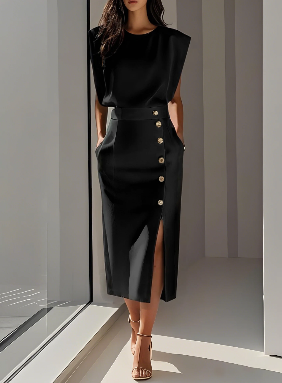 Elena - Rochie elegantă ivoire cu nasturi aurii