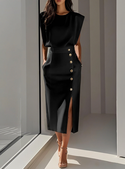 Elena - Rochie elegantă ivoire cu nasturi aurii