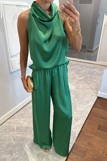 Loana - Set de bluză din satin cu guler înalt și pantaloni lejeri cu buzunare elastice Classic on You