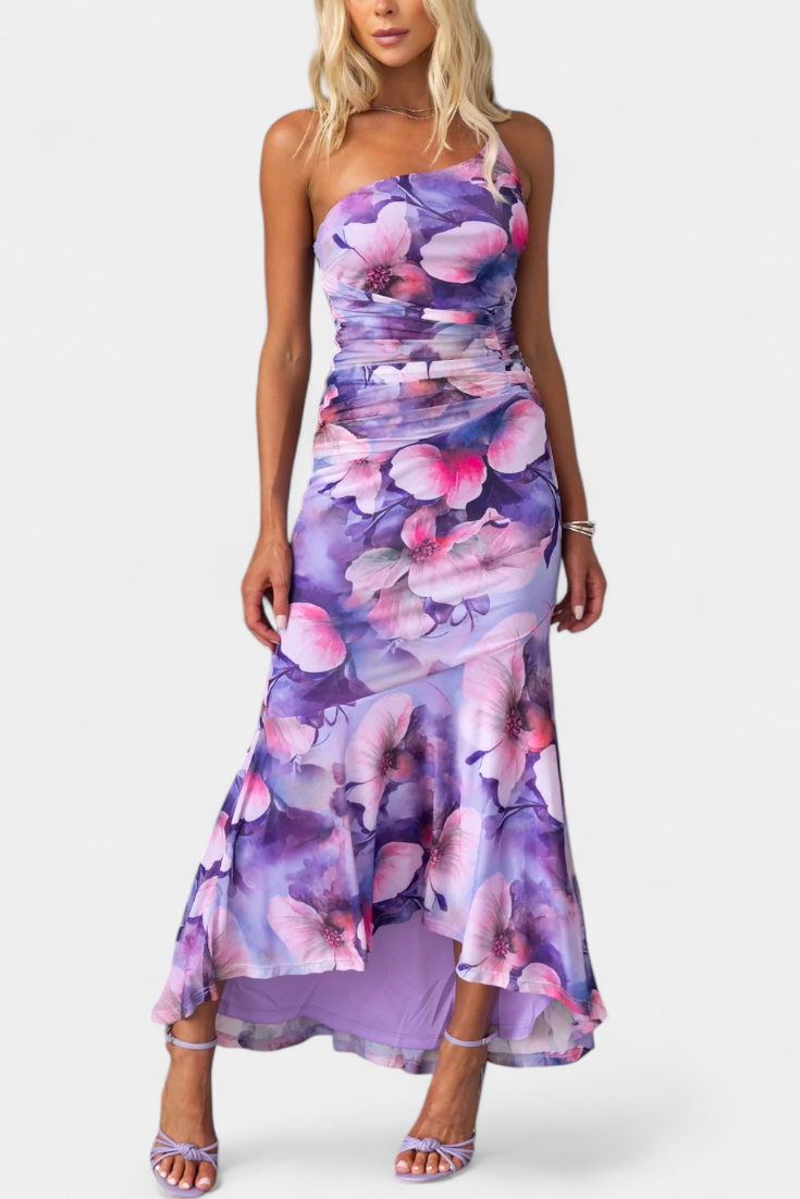 Abigail - Rochie maxi cu un singur mânec, cu imprimeu floral