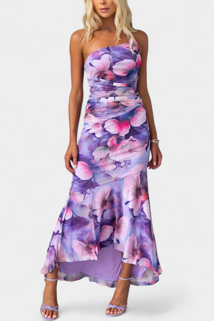 Abigail - Rochie maxi cu un singur mânec, cu imprimeu floral