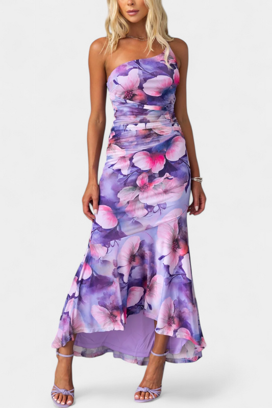 Abigail - Rochie maxi cu un singur mânec, cu imprimeu floral