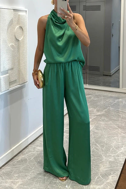 Loana - Set de bluză din satin cu guler înalt și pantaloni lejeri cu buzunare elastice Classic on You