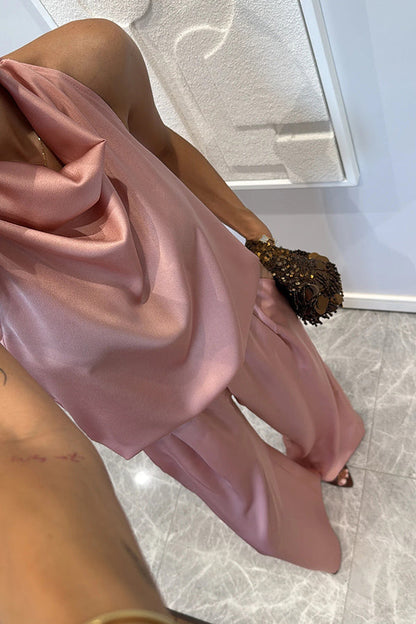 Loana - Set de bluză din satin cu guler înalt și pantaloni lejeri cu buzunare elastice Classic on You