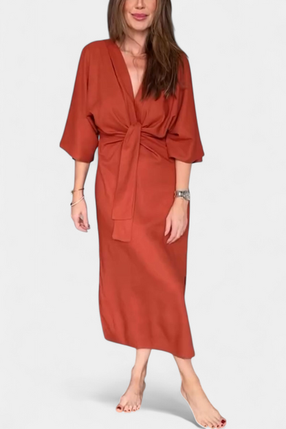 Irina – Rochie casual cu nod frontal și decolteu în V