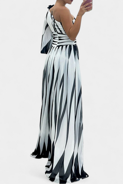 Bethania - Rochie maxi elegantă cu dungi pe un umăr