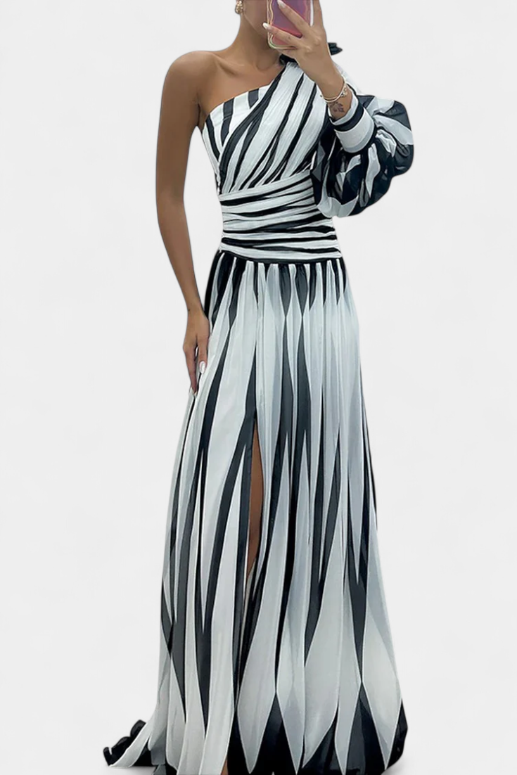 Bethania - Rochie maxi elegantă cu dungi pe un umăr