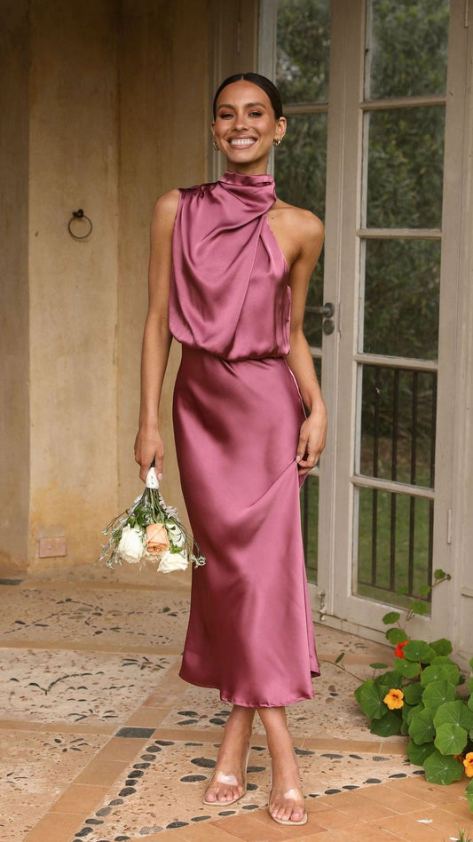 Adriana – Rochie Elegantă din Satin Roz Antic